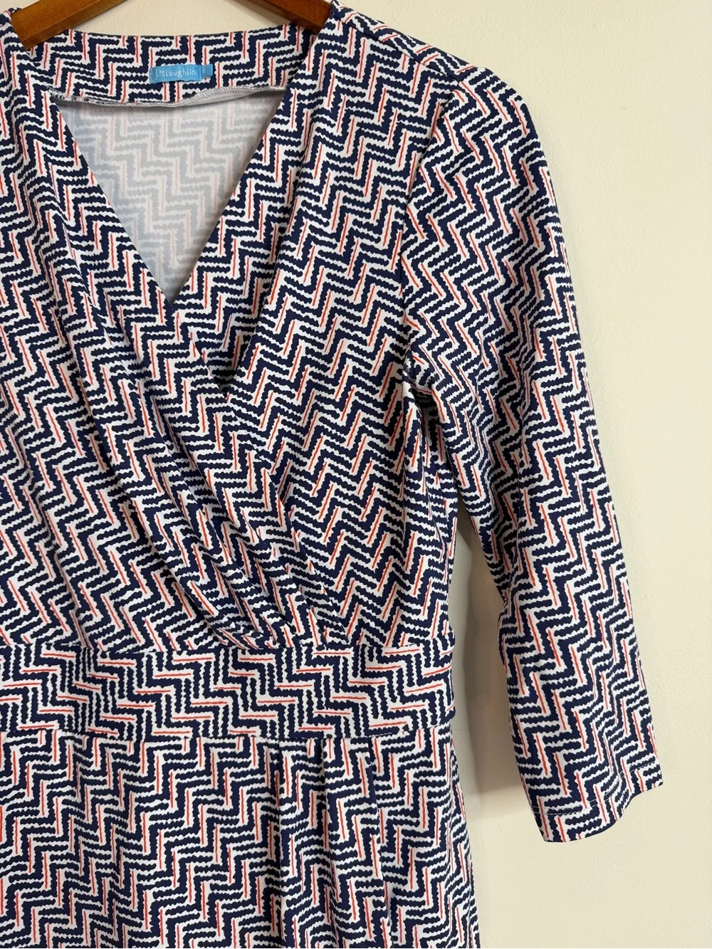 J McLaughlin Sz S Catalina Cloth Faux Wrap Dress 3/4 Sleeve Blue Red Stretch
